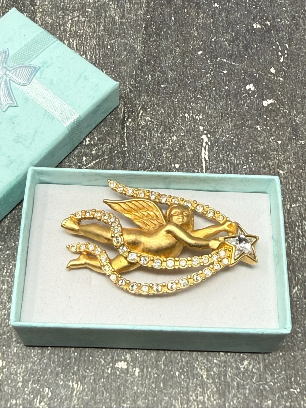 Gold Tone Angel Brooch Rhinestone Star Crystal Celestial Horoscope Jewelry